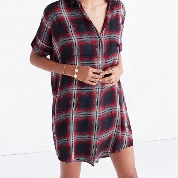 Madewell Dresses & Skirts - Madewell Courier Red Black Rollins Plaid Button Down Shirt Dress Mini Small